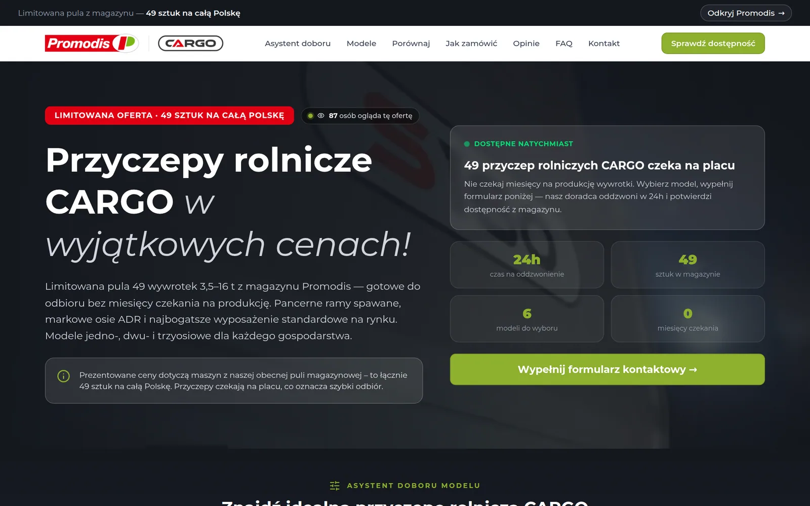 Realizacja AW: Przyczepy CARGO — Promodis Landing page przyczep rolniczych CARGO Promodis z liczbą sztuk dostępnych z magazynu.