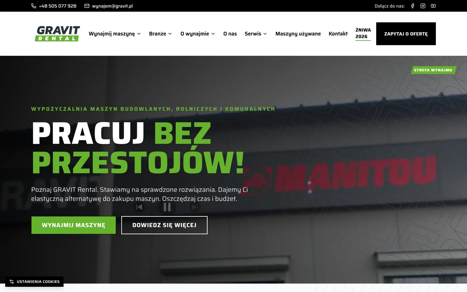 Realizacja AW: GRAVIT Rental Strona główna serwisu GRAVIT Rental z hasłem „Pracuj bez przestojów” i ofertą wynajmu maszyn.