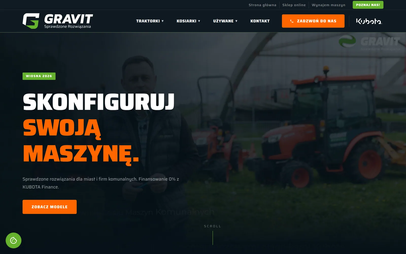Realizacja AW: Kubota — GRAVIT Landing page dealera Kubota GRAVIT z hasłem „Skonfiguruj swoją maszynę” i ofertą traktorków.