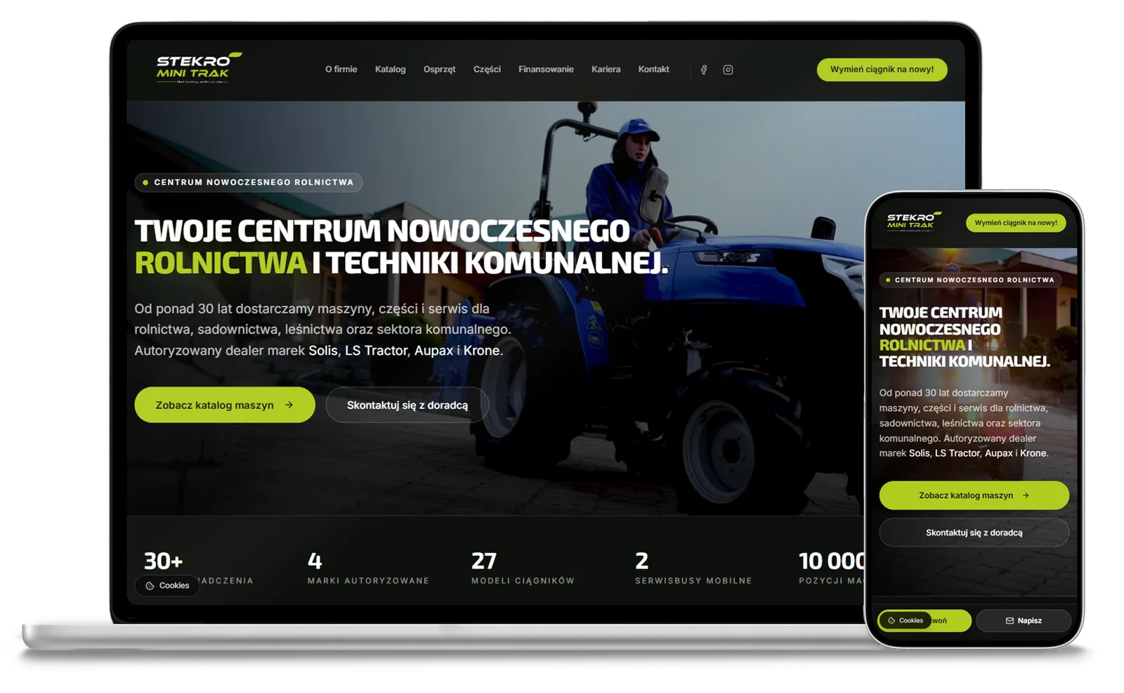 Stekro Mini Trak — realizacja na desktopie i mobile Strona minitrak.pl na ekranie laptopa i telefonu — wersja desktopowa i mobilna.