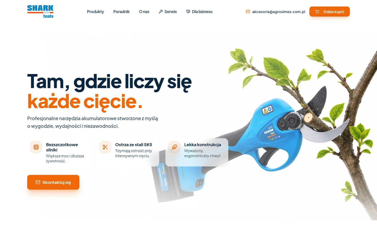 Realizacja AW: SHARK Tools Strona główna serwisu SHARK Tools z sekcją hero i ofertą sekatorów akumulatorowych.