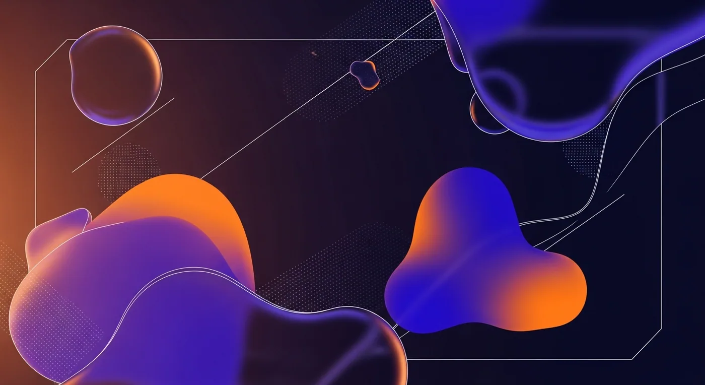 Ilustracja 3D z surowymi, szkicowymi krawędziami i nieregularną siatką w granacie i pomarańczu.