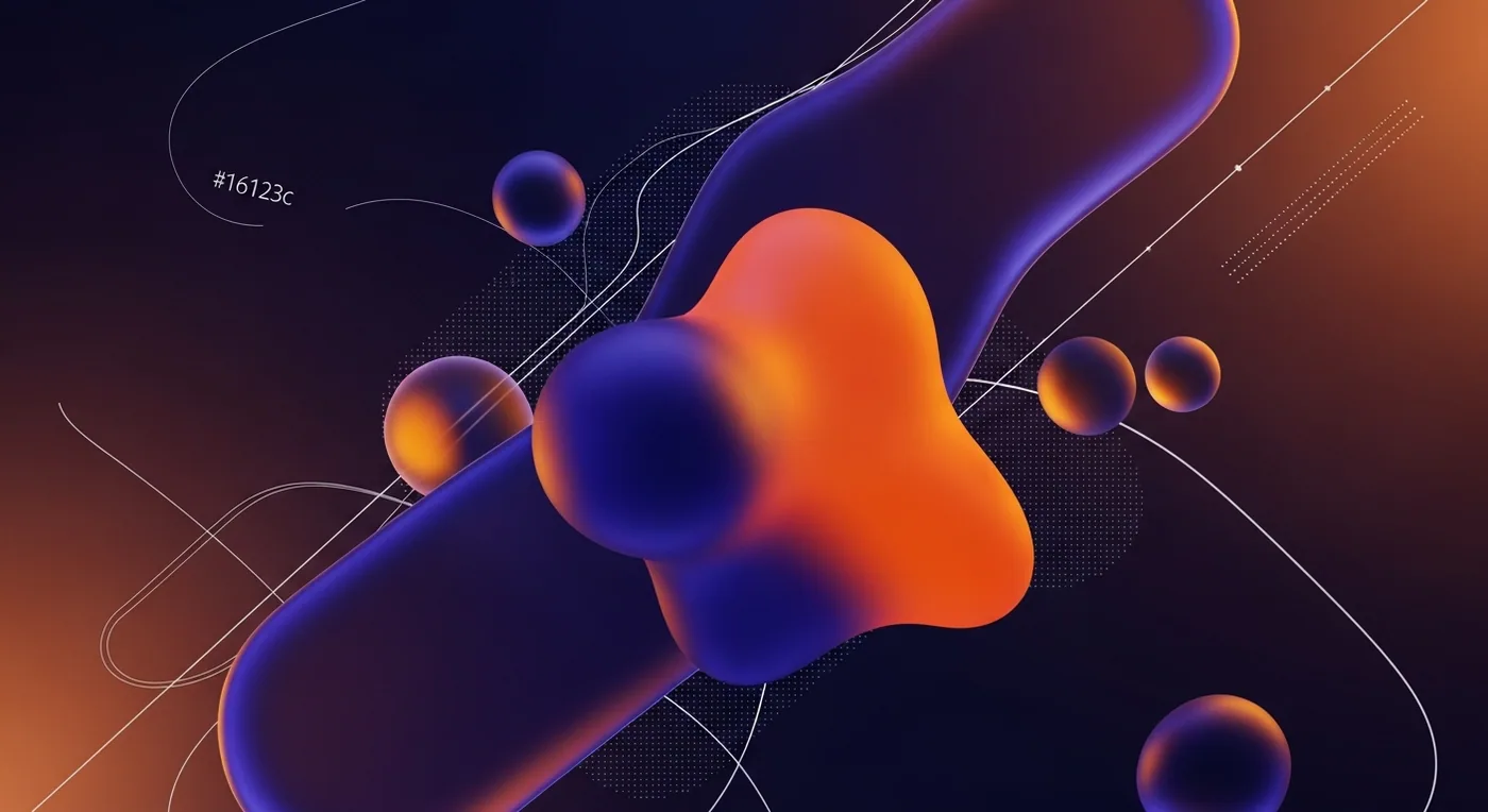 Ilustracja 3D z miękkimi, organicznymi formami w ciepłych barwach pomarańczu i błękitu.