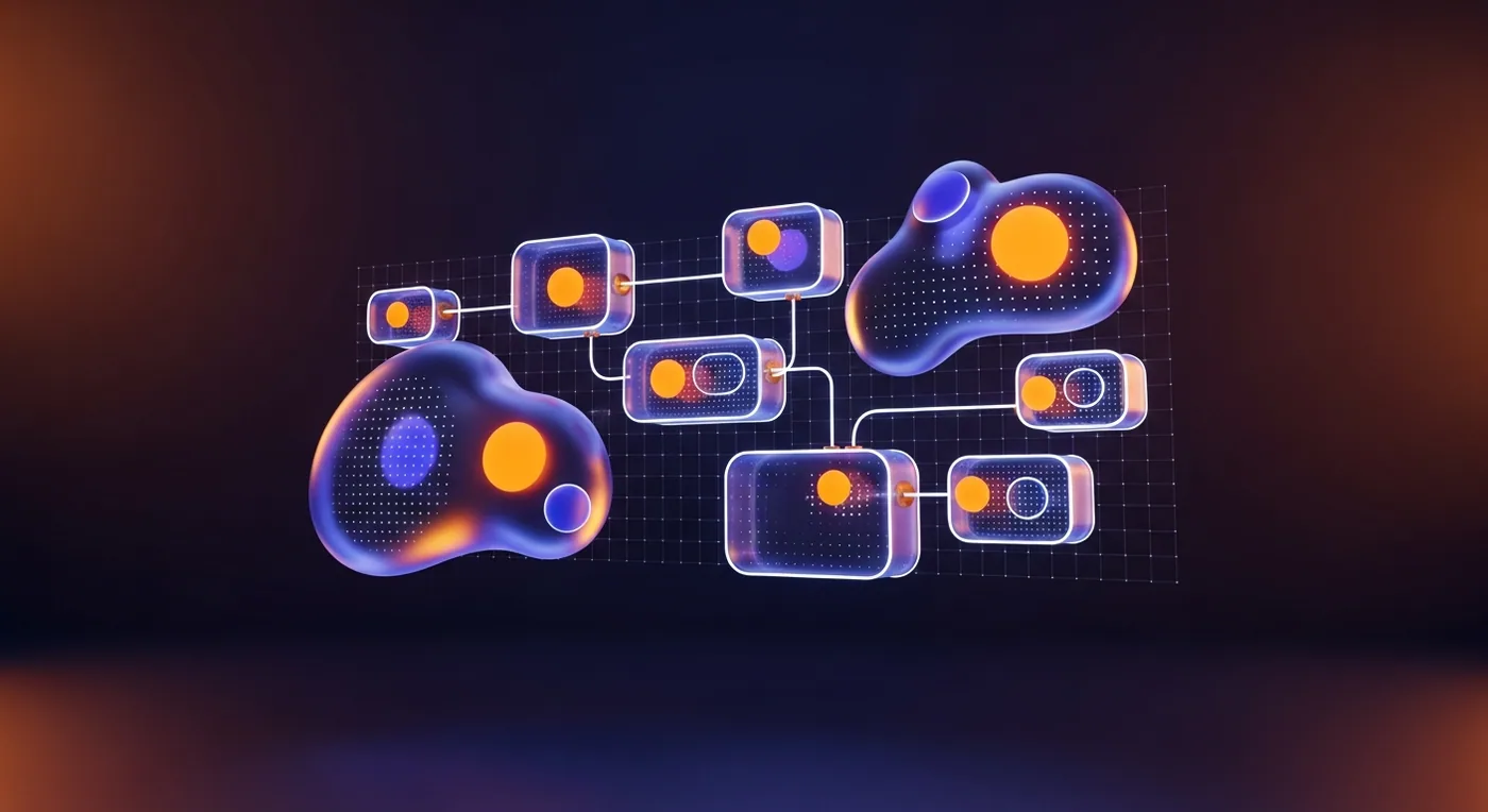 Ilustracja 3D z połączonymi blokami i węzłami w kolorach granatu, pomarańczu i błękitu.
