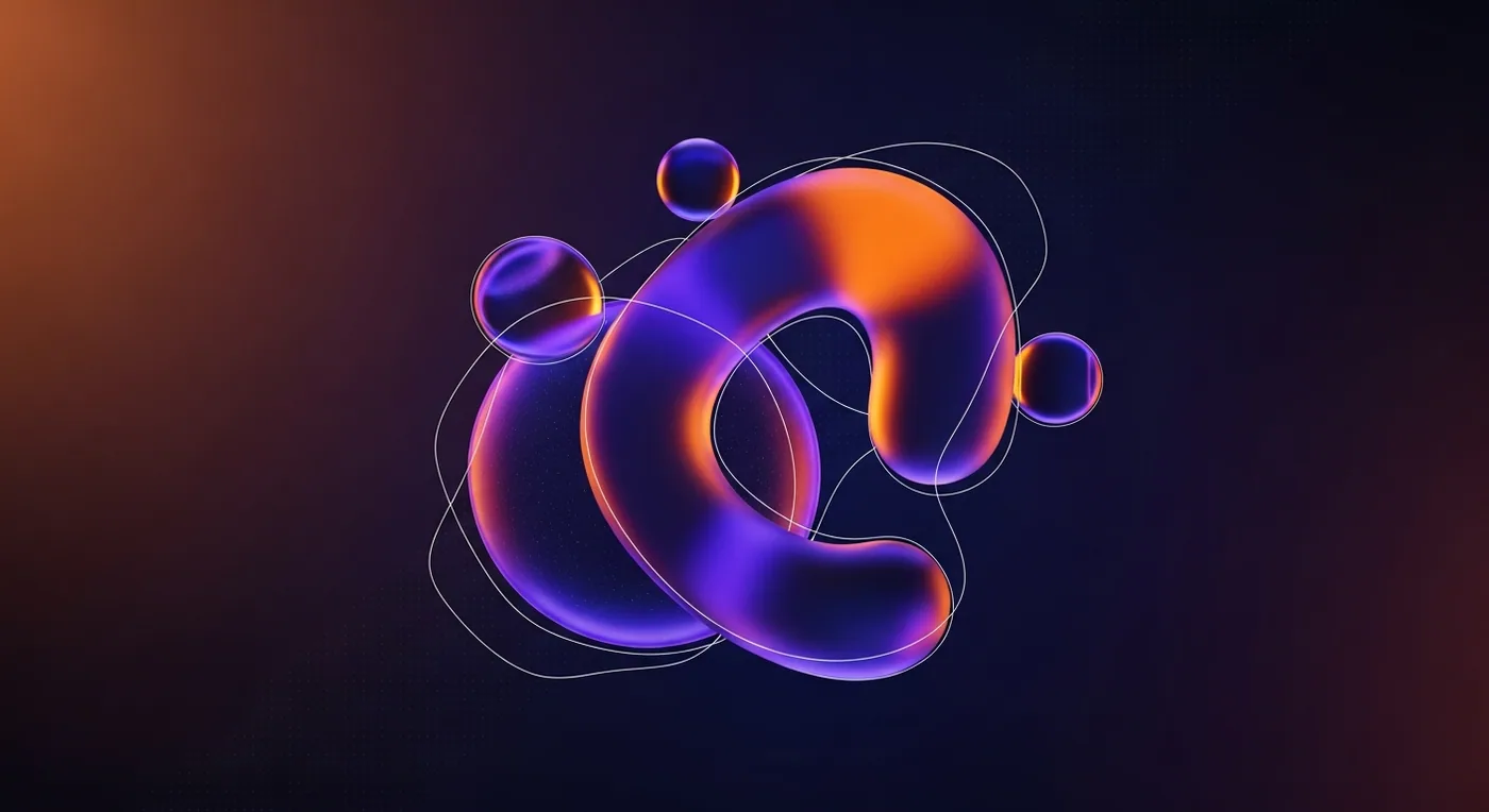 Ilustracja 3D z organicznymi, ręcznie rysowanymi wstęgami w pomarańczu i błękicie.