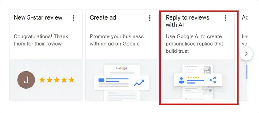 Panel wizytówki Google z kartą odpowiadania na opinie z pomocą AI (Reply to reviews with AI)